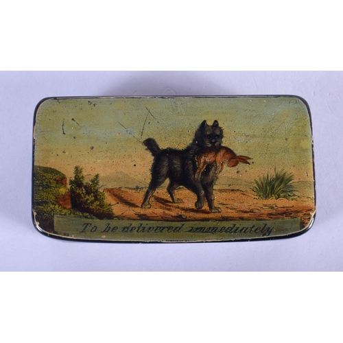 1113 - AN ANTIQUE PAPIER MACHE SNUFF BOX. 8 cm x 5 cm.