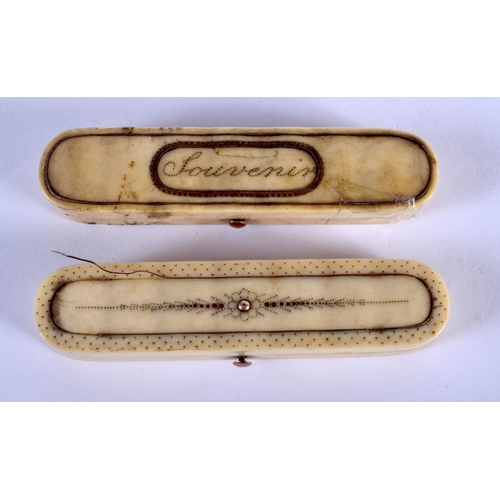 1122 - TWO GEORGE III IVORY TOOTHPICK BOXES. 8 cm x 2.5 cm. (2)