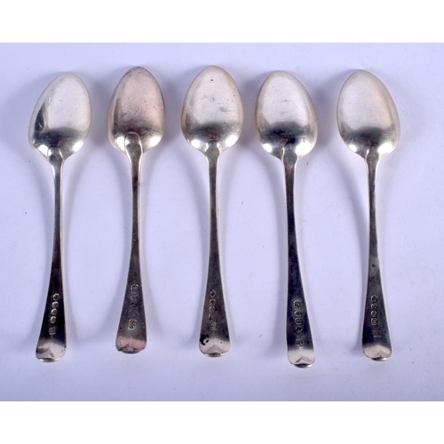 1130 - FIVE GEORGE III SILVER SPOONS. Assorted dates. 170 grams. 15 cm long. (5)