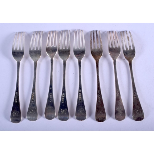 1131 - EIGHT 18TH/19TH CENTURY SILVER FORKS. 418 grams. 18 cm long. (8)