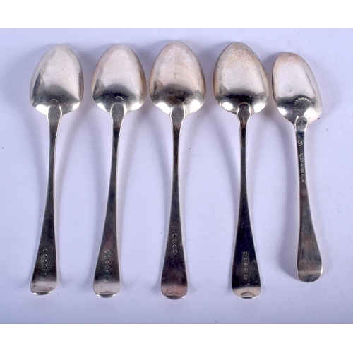 1132 - FIVE 18TH/19TH CENTURY SILVER SPOONS. Assorted dates. 293 grams. 20 cm long. (5)