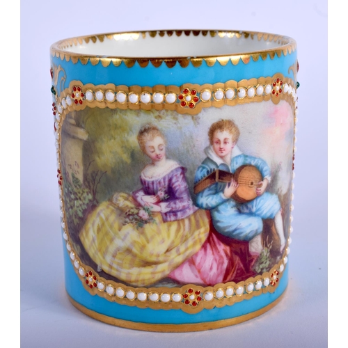 114 - A MID 19TH CENTURY SEVRES PORCELAIN JEWELLED CUP AND SAUCER painted with figures within a jewelled s... 