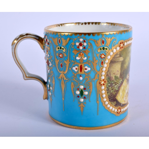 114 - A MID 19TH CENTURY SEVRES PORCELAIN JEWELLED CUP AND SAUCER painted with figures within a jewelled s... 