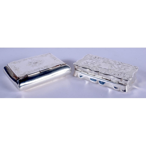 1140 - TWO ANTIQUE SILVER PLATED SNUFF BOXES. Largest 8 cm x 5 cm. (2)