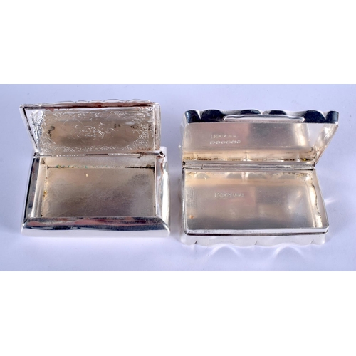 1140 - TWO ANTIQUE SILVER PLATED SNUFF BOXES. Largest 8 cm x 5 cm. (2)