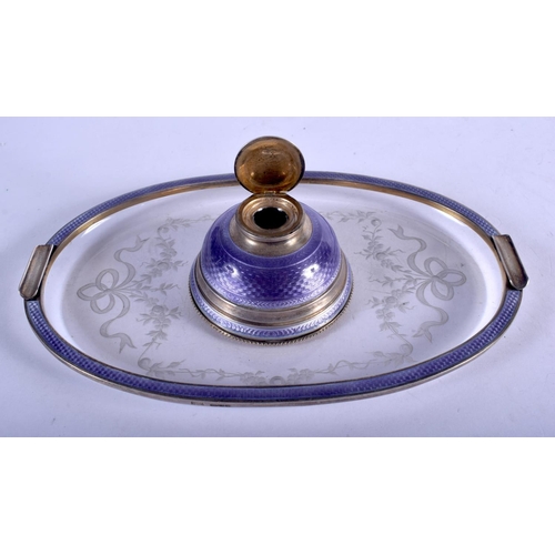 1158 - AN ART DECO SILVER AND ENAMEL CLEAR GLASS INKWELL. 18 cm x 11 cm.