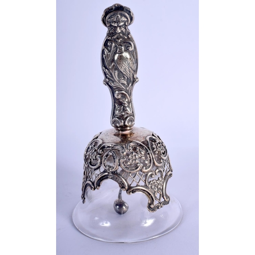 1176 - A RARE ANTIQUE SILVER AND GLASS BELL by William Comyns. 116 grams overall. 14 cm high.