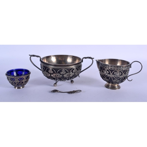 1179 - A THREE PIECE EUROPEAN WHITE METAL CONDIMENT SET. White metal 340 grams. Largest 16 cm x 7 cm.