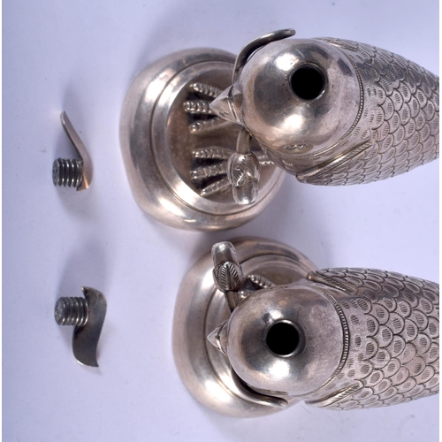 1186 - A RARE PAIR OF EARLY 20TH CENTURY INDO PERSIAN SILVER OIL BURNERS AND COVERS. 477 grams. 22 cm x 11 ... 