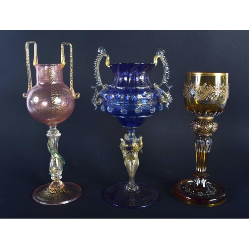 12 - TWO VENETIAN GLASSES together with a Lobmeyr type glass. Largest 21 cm high. (3)