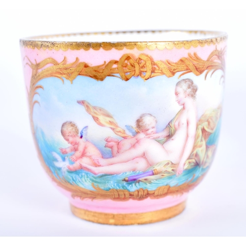 122 - A MID 19TH CENTURY FRENCH SEVRES PORCELAIN CUP AND SAUCER painted with classical scenes upon a pink ... 