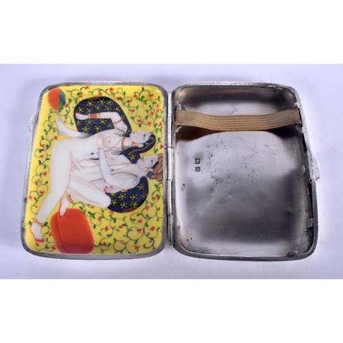 1227 - A VERY RARE SILVER AND ENAMEL EROTIC CIGARETTE CASE. 90 grams. 9 cm x 7 cm.