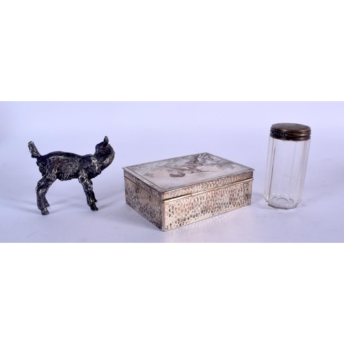 1231 - AN ANTIQUE SILVER AND GLASS JAR together with a box etc. Largest 10 cm wide. (3)