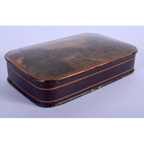 1239 - A LARGE MID 19TH CENTURY CARVED AND LACQUERED TIN SNUFF BOX printed with landscapes. 12 cm x 8 cm.