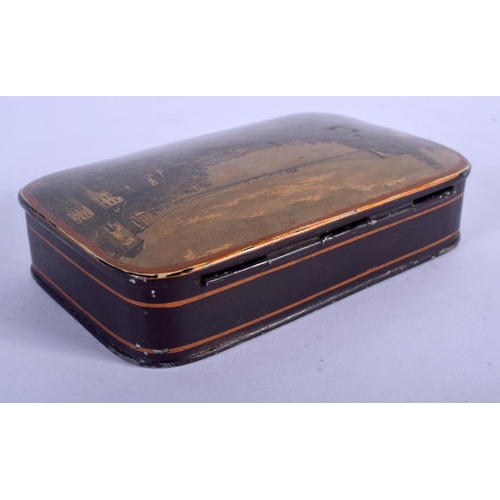 1239 - A LARGE MID 19TH CENTURY CARVED AND LACQUERED TIN SNUFF BOX printed with landscapes. 12 cm x 8 cm.