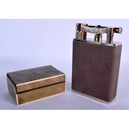 1257 - AN ART DECO SHAGREEN BOX and a lighter. Largest 14 cm x 11 cm. (2)