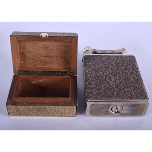 1257 - AN ART DECO SHAGREEN BOX and a lighter. Largest 14 cm x 11 cm. (2)