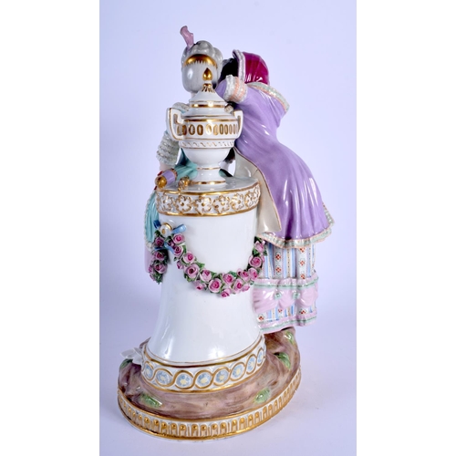 128 - A LARGE 19TH CENTURY MEISSEN PORCELAIN FIGURE OF TWO FEMALES modelled beside a high column surmounte... 