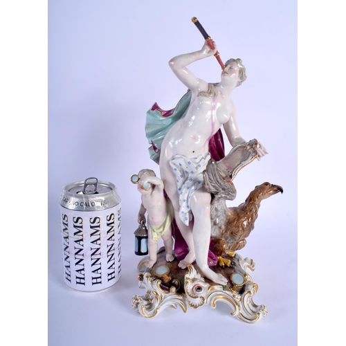 129 - A LARGE 19TH CENTURY MEISSEN PORCELAIN FIGURE OF A FEMALE modelled holding a mirror, beside a bird a... 