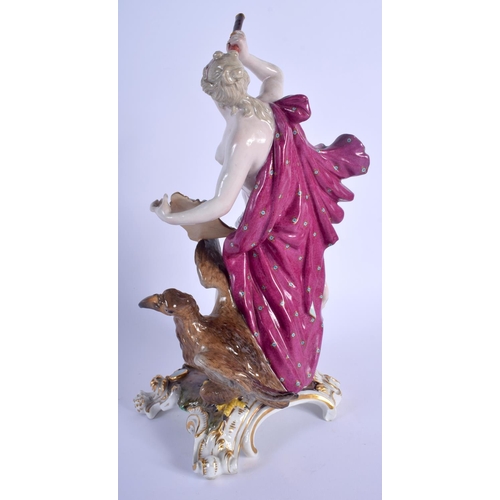 129 - A LARGE 19TH CENTURY MEISSEN PORCELAIN FIGURE OF A FEMALE modelled holding a mirror, beside a bird a... 