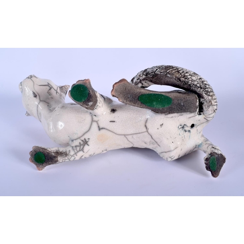 132 - A PAIR OF DILLON RUDGE RAKU POTTERY FIGURES OF STYLISED CATS together with a pair of Welsh pottery c... 