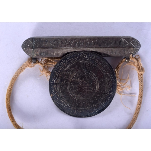 1329 - AN EARLY INDIAN MIDDLE EASTERN SILVER COIN with attached box. 22 grams. Largest 7.5 cm wide. (2)