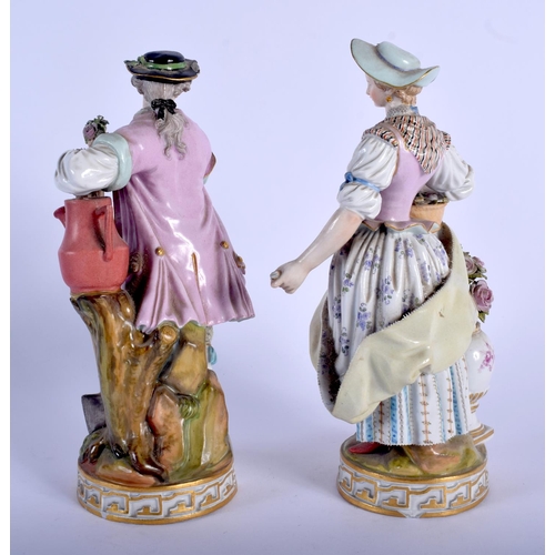 136 - A PAIR OF 19TH CENTURY MEISSEN PORCELAIN FIGURES OF A MALE AND FEMALE modelled holding flowers upon ... 