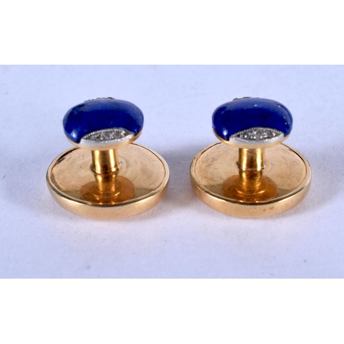 1395 - A PAIR OF 18CT GOLD ASPREYS LAPIS LAZULI STUDS. 5.2 grams. 0.8 cm wide.