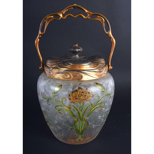 14 - A FINE FRENCH ART NOUVEAU ENAMELLED FROSTED GLASS BISCUIT BARREL possibly by Legras, painted with st... 