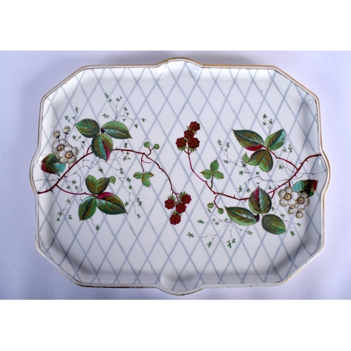 157 - AN AESTHETIC MOVEMENT PORCELAIN TEASET decorated with strawberry plants. Tray 40 cm x 28 cm. (8)