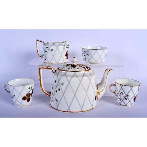 157 - AN AESTHETIC MOVEMENT PORCELAIN TEASET decorated with strawberry plants. Tray 40 cm x 28 cm. (8)