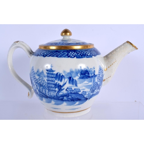 158 - A LATE 18TH CENTURY ENGLISH BLUE AND WHITE PORCELAIN TEAPOT painted with a Willow type pattern. Larg... 