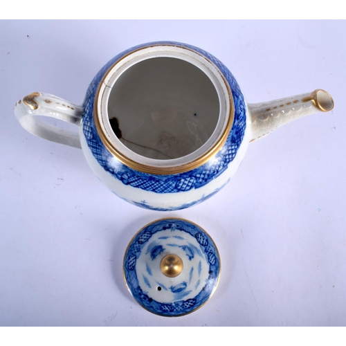 158 - A LATE 18TH CENTURY ENGLISH BLUE AND WHITE PORCELAIN TEAPOT painted with a Willow type pattern. Larg... 