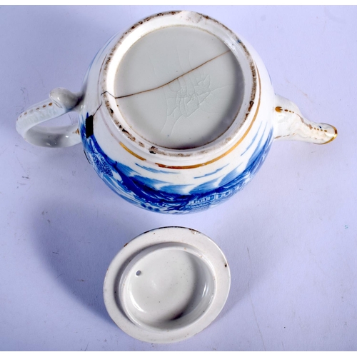 158 - A LATE 18TH CENTURY ENGLISH BLUE AND WHITE PORCELAIN TEAPOT painted with a Willow type pattern. Larg... 