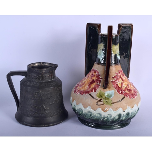 162 - AN ANTIQUE SILVER MOUNTED JOHN GILPIN S & S POTTERY JUG together with an Aesthetic Movement vase. La... 