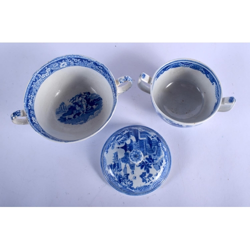 169 - TWO 19TH CENTURY ENGLISH STAFFORDSHIRE BLUE AND WHITE PLATTERS together with a pearl broth pot, a Mi... 