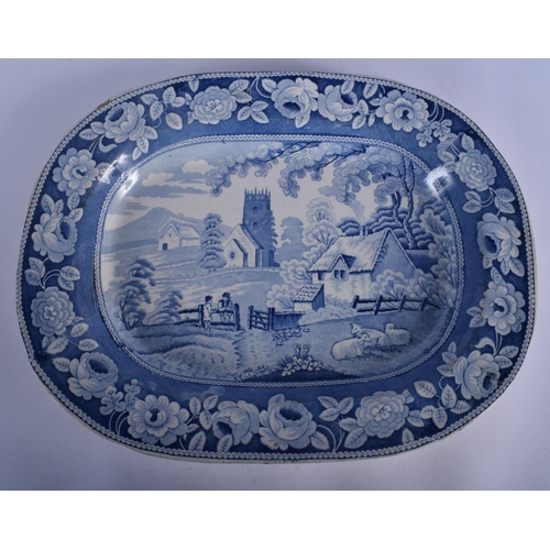 169 - TWO 19TH CENTURY ENGLISH STAFFORDSHIRE BLUE AND WHITE PLATTERS together with a pearl broth pot, a Mi... 