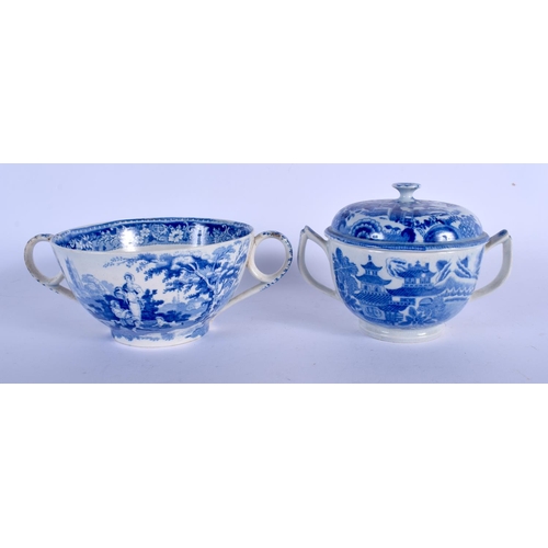 169 - TWO 19TH CENTURY ENGLISH STAFFORDSHIRE BLUE AND WHITE PLATTERS together with a pearl broth pot, a Mi... 