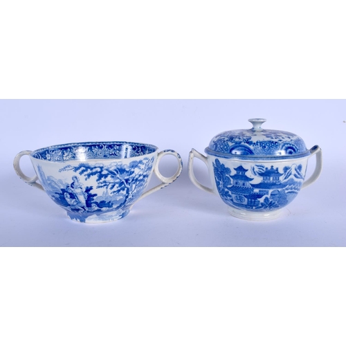 169 - TWO 19TH CENTURY ENGLISH STAFFORDSHIRE BLUE AND WHITE PLATTERS together with a pearl broth pot, a Mi... 