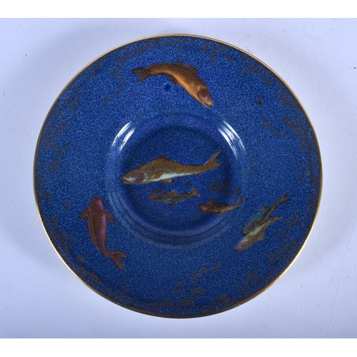 180 - A CHARMING BOXED SET OF WEDGWOOD SILVER MOUNTED LUSTRE PORCELAIN TEACUPS painted with fish, the spoo... 