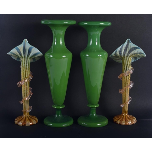 19 - A LARGE PAIR OF VINTAGE OLIVE GREEN VASES together with a smaller pair. Largest 37 cm high. (4)