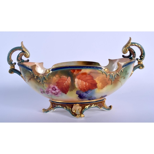 199 - Royal Worcester two handled boat shaped vase painted autumnal leaves and berries by Kitty Blake, sig... 