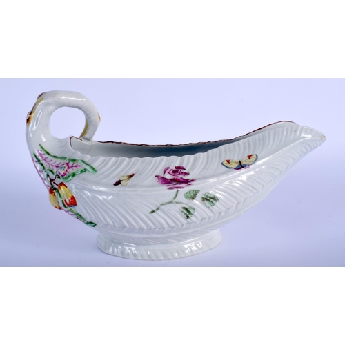 210 - 18th c. Worcester early cos lettuce leaf sauceboat painted with flowers, workmans mark in black.  1... 