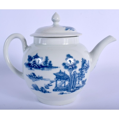 214 - 18th c. Worcester teapot and cover printed with the Man in Pavilion pattern.  14.5cm high and 18.5cm... 