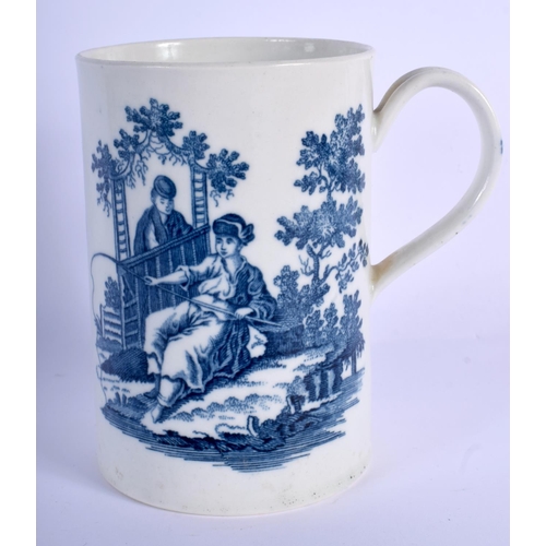 221 - 18th c. Worcester mug decorated in blue with chinoiserie designs Le Peche and La Promenade.  12cm hi... 