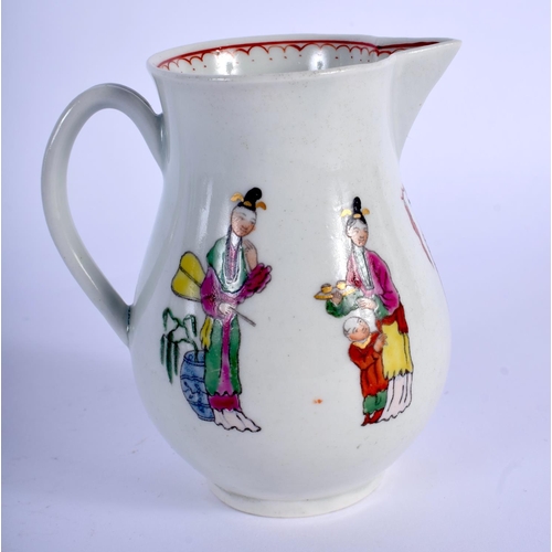 243 - 18th c. Worcester sparrow beak jug painted with a Chinese Family over a black print.  9cm high