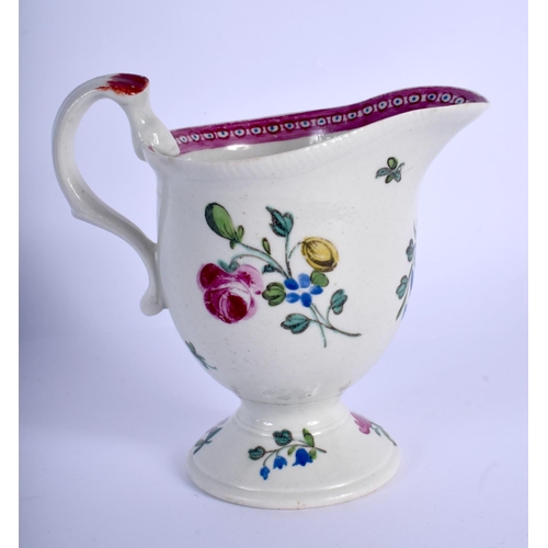 249 - 18th c. Liverpool pedestal jug with biting snake handle painted with flowers.  10cm high