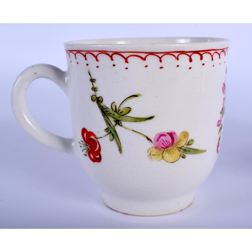 258 - 18th c. Bow  coffee cup and uncommon saucer painted with flowers under a dot and loop border c.1758-... 