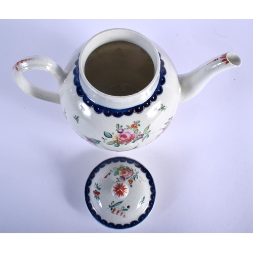 262 - Liverpool teapot and cover painted with coloured flowers under a blue and gilt border.  23cm long an... 