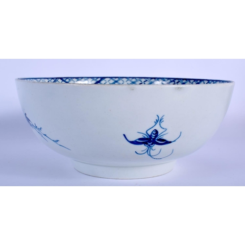 263 - 18th c. Liverpool bowl painted in blue with a fence, bamboo and chrysanthemum.  18.5cm diameter